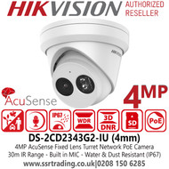 Hikvision IP PoE 4MP AcuSense Audio  Indoor/Outdoor Turret Camera - 4mm Lens - 30m IR Range - Built in MIC - DS-2CD2343G2-IU (4mm) 