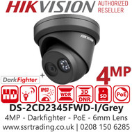 Hikvision DS-2CD2345FWD-I/Grey (6mm) 4MP Nightvision Outdoor Darkfighter IP PoE Grey Turret Camera, 6mm Fixed Lens, 30m IR Distance 