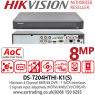 DS-7204HTHI-K1(S) Hikvision 8MP 4 Channel 4K TURBO HD 1 SATA Audio DVR Recorders  