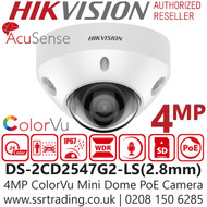 DS-2CD2547G2-LS Hikvision 4MP ColorVu Mini Dome Network PoE Camera with 2.8mm Fixed Lens, Built-in Microphone, 30m White Light Range