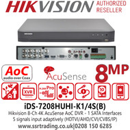 IDS-7208HUHI-K1/4S(B) Hikvision 8 Channel AcuSense AoC TVI Turbo 5.0 8MP DVR, Connectable to HD-TVI, AHD, IP, CVI & analogue cameras 