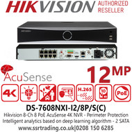 Hikvision 8-Ch AcuSense 8 PoE NVR - 2 SATA Interfaces - 4K 8 Channel NVR - DS-7608NXI-I2/8P/S(C)
