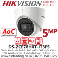 DS-2CE78H0T-IT3FS Hikvision 5MP AoC Audio Turret TVI Camera - 2.8mm Fixed Lens - 4 in 1 Video Output (switchable TVI/AHD/CVI/CVBS) - Built-in Mic