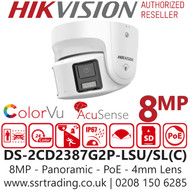 Hikvision - DS-2CD2387G2P-LSU/SL(4mm)(C) 8MP Panoramic ColorVu AcuSense Turret PoE Camera - 40m White Light Range