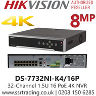 Hikvision DS-7732NI-K4/16P 32 Channel NVR 8MP 16 PoE Port CCTV NVR with 4 SATA Interface, HDMI Video output at up to 4K Resolution