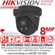 Hikvision DS-2CD2386G2-IU(C)/Black 8MP IP PoE AcuSense Darkfighter Black Turret Camera with 2.8mm Fixed Lens, Built-in Microphone, Water and Dust Resistant (IP67)