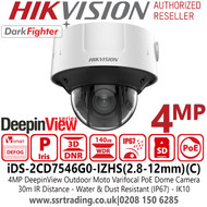 Hikvision 4MP DeepinView Outdoor Varifocal Lens IP PoE Dome Camera -30m IR  Range - IP67 - IK10 - Face Capture - Defog -  H.265+ Compression -  iDS-2CD7546G0-IZHS(2.8-12mm)(C)