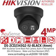 Hikvision AcuSense IP PoE Outdoor Turret Camera with 4mm Fixed Lens, Built-in Mic, 30m IR Range, IP67, WDR, 3D DNR - DS-2CD2343G2-IU/Black (4mm)