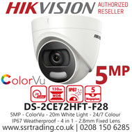 5MP Hikvision 2.8mm Fixed Lens ColorVu Turret Camera, 4-in-1 TVI/CVI/AHD/Analogue, 20m White Light Distance, 130 dB True WDR, IP67 Weatherproof, 24/7 Full Color Imaging - DS-2CE72HFT-F28