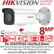 DS-2CD2T87G2-LSU/SL(2.8mm) Hikvision 8MP Outdoor AcuSense ColoVu Bullet IP PoE 8MP Camera with Audible Warning and Strobe Light, Built-in Two-way audio 