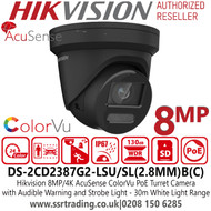 Hikvision 8MP ColorVu Strobe Light and Audible Warning 2.8mm Lens Black Turret IP PoE Camera, Built-in Two-way Audio, IP67, 24/7 Colorful Imaging - DS-2CD2387G2-LSU/SL(2.8MM)B(C)