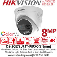 Hikvision 8MP Analog ColorVu PIR Siren Turret Camera with Audio, 2.8mm Fixed Lens, 20m White Light Range, IP67, Built-in Siren, Audible and Strobe Light Alarm - DS-2CE72UF3T-PIRXO(2.8mm)