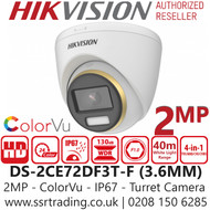 Hikvision DS-2CE72DF3T-F(3.6MM) 2MP Full HD 1080p Outdoor ColorVu 4-in-1 Turret Camera with 3.6mm Fixed Lens, 40m White Light Range, OSD menu, IP67 Weatherproof, 24-hour Colour image 