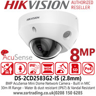 4K Hikvision 8MP AcuSense Audio IP PoE Camera with 2.8mm Fixed Lens, 30m IR Distance, IP67 Weatherproof, Built in microphone, Face Capture - DS-2CD2583G2-IS (2.8mm)