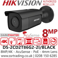 Hikvision DS-2CD2T86G2-2I (4mm) 4K IP PoE AcuSense DarkFighter Outdoor Black Bullet Camera with 4mm Fixed Lens, 50m IR Range, IP67, Face Capture, Smart Motion Detection 