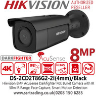 Hikvision 8MP IP PoE AcuSense DarkFighter Outdoor Black Bullet Camera with 4mm Fixed Lens, 50m IR Range, IP67, Face Capture, Smart Motion Detection - DS-2CD2T86G2-2I (4mm)