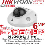 Hikvision 6MP IP PoE Outdoor Mini Dome Audio Camera with DarkFighter AcuSense Technology, 4mm Fixed Lens, 30m IR Range, IP67, Built in microphone,  Face Capture,  Smart Motion Detection - DS-2CD2566G2-IS (4mm)