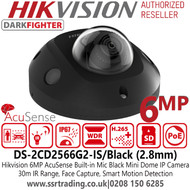 Hikvision DS-2CD2566G2-IS/Black 6MP AcuSense DarkFighter Audio Outdoor Mini Dome IP PoE Camera with 2.8mm Fixed Lens, 30m IR Range, IP67, Built in microphone,  Face Capture,  Smart Motion Detection