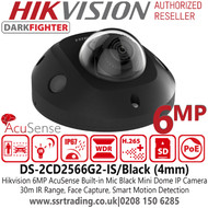 Hikvision 6MP Outdoor Black Mini Dome IP PoE Camera with Built in Microphone, 4mm Fixed Lens, 30m IR Range, IP67, Face Capture,  Smart Motion Detection, AcuSense, Darkfighter - DS-2CD2566G2-IS/Black (4mm)