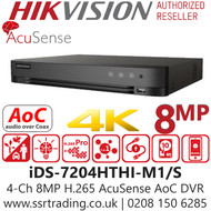 Hikvision iDS-7204HTHI-M1/S 4 Channel AcuSense AoC 8MP DVR, 1 SATA Interface, Audio via Coaxial Cable, Up to 10 TB Capacity per HDD,  HDTVI/AHD/CVI/CVBS/IP Video Input