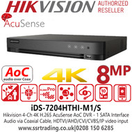 8MP Hikvision iDS-7204HTHI-M1/S 4 Channel AcuSense AoC 8MP DVR, 1 SATA Interface, Audio via Coaxial Cable, Up to 10 TB Capacity per HDD,  HDTVI/AHD/CVI/CVBS/IP Video Input