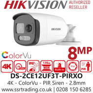 Hikvision 8MP/4K ColorVu PIR Siren Analog Bullet Camera - DS-2CE12UF3T-PIRXO (2.8mm)