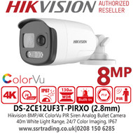 DS-2CE12UF3T-PIRXO Hikvision 4K ColorVu PIR Siren Analog 8MP Bullet Camera  with 2.8mm Fixed Lens, 40m White Light Range, Water and Dust Resistant (IP67), High Quality Audio with Built-in Speaker 