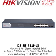 Hikvision DS-3E1518P-SI 16 Port Gigabit Smart PoE Switch - 16 × Gigabit PoE Ports, and 2 × Gigabit Fiber Optical Ports
