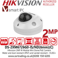 Hikvision Mobile IP PoE Mini Dome Full HD 1080p 2MP Camera - DS-2XM6726G0-IS/ND(6mm)(C)