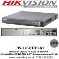 Hikvision 4 Channel 8MP 4K HD TVI/AHD DVR With HDMI/VGA/ H.265+ (DS-7204HTHI-K1)
