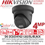 Hikvision DS-2CD2347G2-LSU/SL/Black 4MP ColorVu Strobe Light and Audible Warning Black Turret PoE Camera with 2.8mm Fixed Lens, 30m White Light Range, Two-way Audio