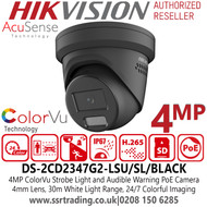 4MP Hikvision IP PoE ColorVu Strobe Light and Audible Warning Black Turret Camera with 4mm Fixed Lens, 30m White Light Range, Two-way Audio -  DS-2CD2347G2-LSU/SL/Black
