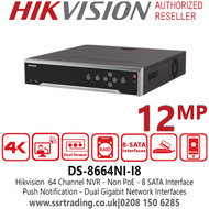 12MP Hikvision 64 Channel 12MP No PoE 4K 16Ch NVR - 8 SATA Interfaces - HDMI Video Output at Up to 4K Resolution - DS-8664NI-I8 