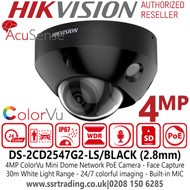 Hikvision 4MP ColorVu Mini Dome Black IP PoE Camera - Built-in microphone - 30m White Light Range  - DS-2CD2547G2-LS /Black 2.8mm) 