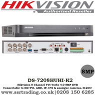 Hikvision 8 Channel 8MP Turbo 4 HD-TVI/AHD DVR With HDMI/VGA  H.265+ 2 SATA - DS-7208HUHI-K2