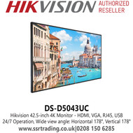 Hikvision DS-D5043UC 42.5-inch 4K Monitor - Multiple inputs: HDMI, VGA, RJ45, USB - 24/7 Operation
