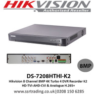 Hikvision 8 Channel 8MP 4K Turbo 4 DVR Recorder K2 HD TVI AHD CVI & Analogue H.265+ (DS-7208HTHI-K2)