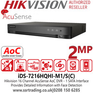 Hikvision 16 Channel 2MP Full HD 1080p H.265 AcuSense Audio 16Ch DVR - 1 SATA Interface - Perimeter Protection - Motion Detection - Audio via Coaxial Cable - iDS-7216HQHI-M1/S(C)