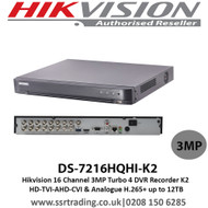 Hikvision 16 Channel 3MP Turbo 4 DVR Recorder K2 HD-TVI-AHD-CVI & Analogue up to 12TB H.265+ DS-7216HQHI-K2 