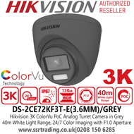 Hikvision ColorVu PoC Analog Turret 3K Camera in Grey Color with 3.6mm Lens, 40m White Light Range, 24/7 Color Imaging with F1.0 Aperture - DS-2CE72KF3T-E/Grey 