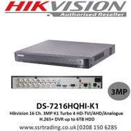 Hikvision 16 Ch 3MP K1 Turbo 4 HD-TVI/AHD/Analogue up to 6TB HDD H.265+  DVR DS-7216HQHI-K1 