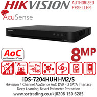 iDS-7204HUHI-M2/S Hikvision 4Ch 8MP H.265 2 SATA AcuSense AoC 4 Channel DVR