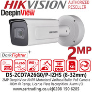 DS-2CD7A26G0/P-IZHS Hikvision 2MP License Plate Recognition DeepinView ANPR 8-32mm Varifocal Lens PoE Bullet Camera - 100m IR Range - IP67 - IK10 