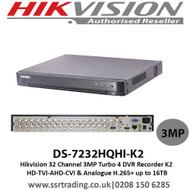 Hikvision 32 Channel 3MP Turbo 4 DVR Recorder K2 HD-TVI-AHD-CVI & Analogue up to 16TB H.265+ DS-7232HQHI-K2 