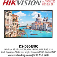 Hikvision 4K Monitor, Multiple inputs: HDMI, VGA, RJ45, USB,  24/7 Operation - DS-D5043UC 