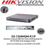  Hikvision 4 Channel 3MP PoC Turbo 4 DVR Recorder K1 HD-TVI-AHD-CVI & Analogue H.265+(DS-7204HQHI-K1/P)