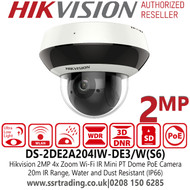 Hikvision 2-inch 2MP 4x Zoom Wi-Fi IR Mini PT Dome Network PoE Camera with 20m IR Range, Water and Dust Resistant (IP66) and Vandal Proof (IK10) - DS-2DE2A204IW-DE3/W(S6)