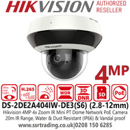 Hikvision 2 Inch 4MP 4x Zoom IR Mini PT Dome Network PoE Camera - Water And Dust Resistant (IP66) And Vandal Proof (IK10) - DS-2DE2A404IW-DE3(S6) (2.8-12mm)