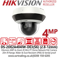 4MP Hikvision 2-inch 2.8-12mm Varifocal Lens 4x Zoom IR Mini PT Dome Network PoE Camera - Water And Dust Resistant (IP66) And Vandal Proof (IK10) - DS-2DE2A404IW-DE3(S6) 