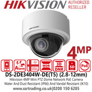 Hikvision 4MP 2.8-12mm Varifocal Lens PoE Mini PTZ Dome Camera, Water And Dust Resistant (IP66) And Vandal Resistant (IK10) - DS-2DE3404W-DE(T5) 